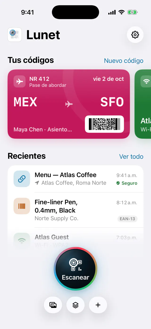 Inicio de Lunet con un pase de abordar y una tarjeta de Wi-Fi en Tus códigos, y escaneos recientes