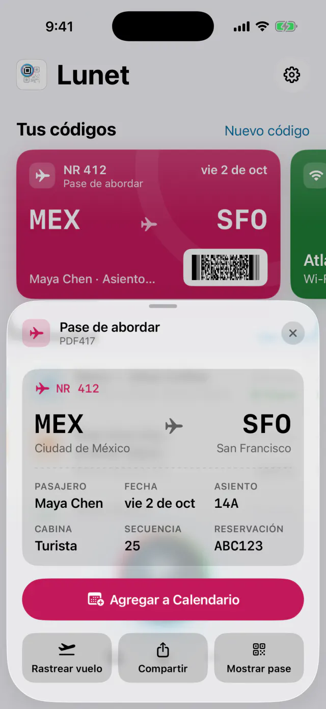 Resultado de Lunet para un pase de abordar de Ciudad de México a San Francisco