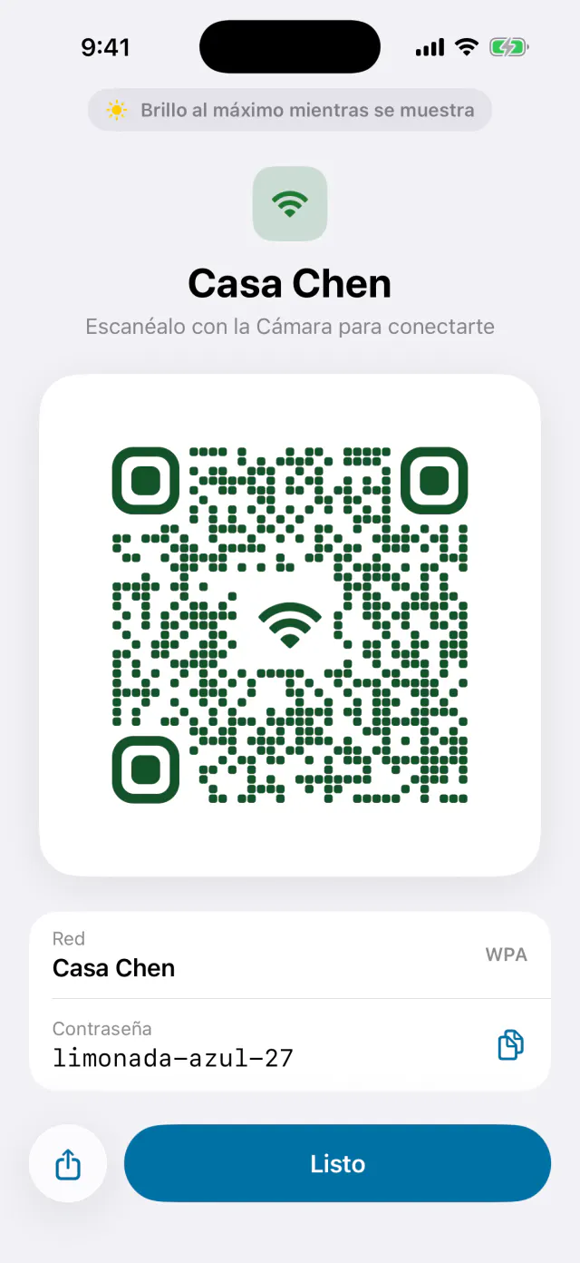 Un código de Wi-Fi en pantalla completa con el brillo al máximo