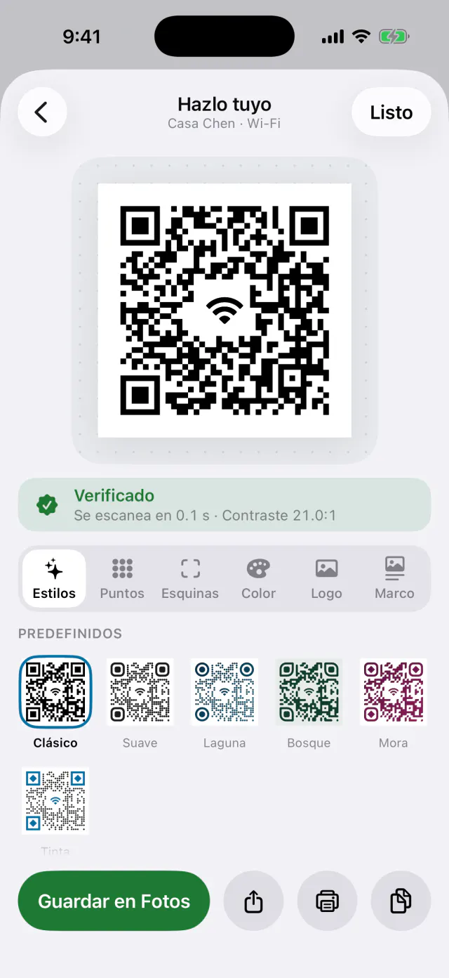 El Estudio de Lunet dando estilo a un QR de Wi-Fi, verificado