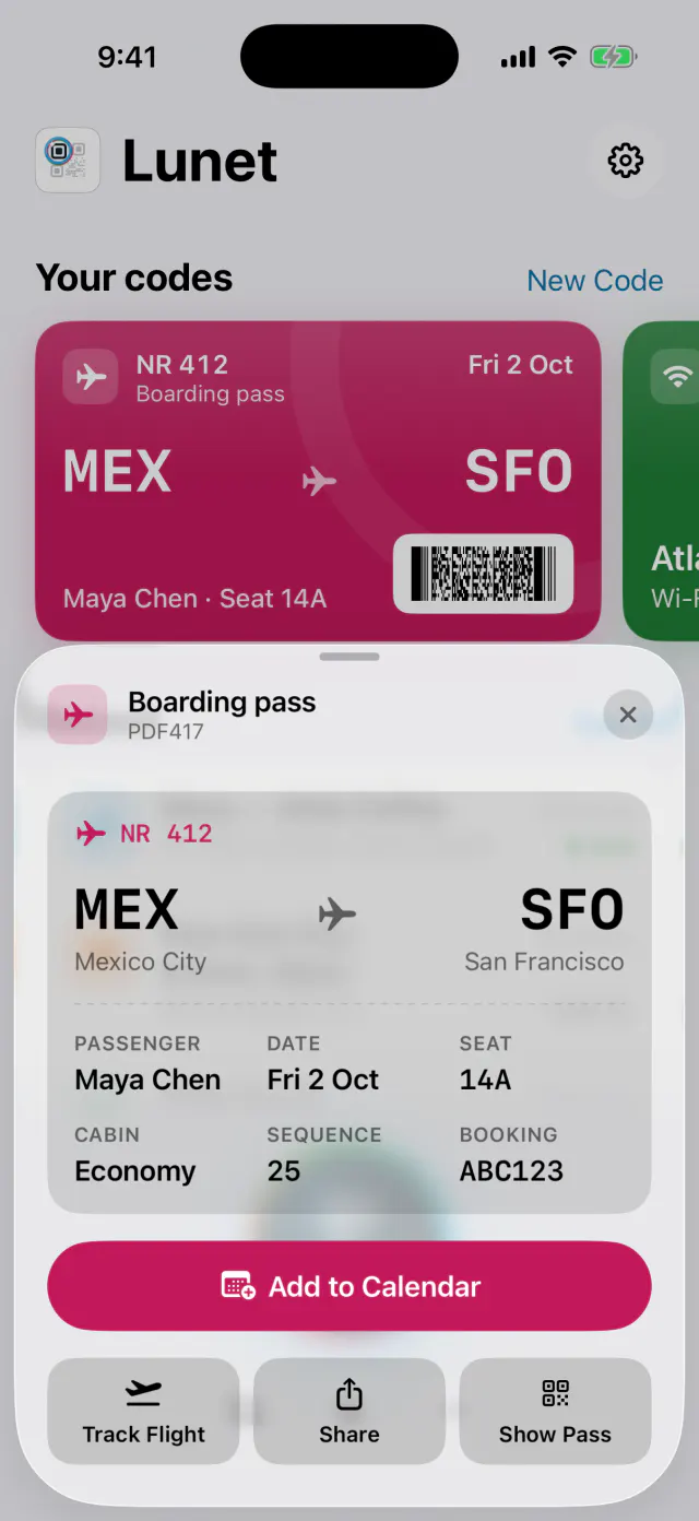Lunet result for a boarding pass from Mexico City to San Francisco