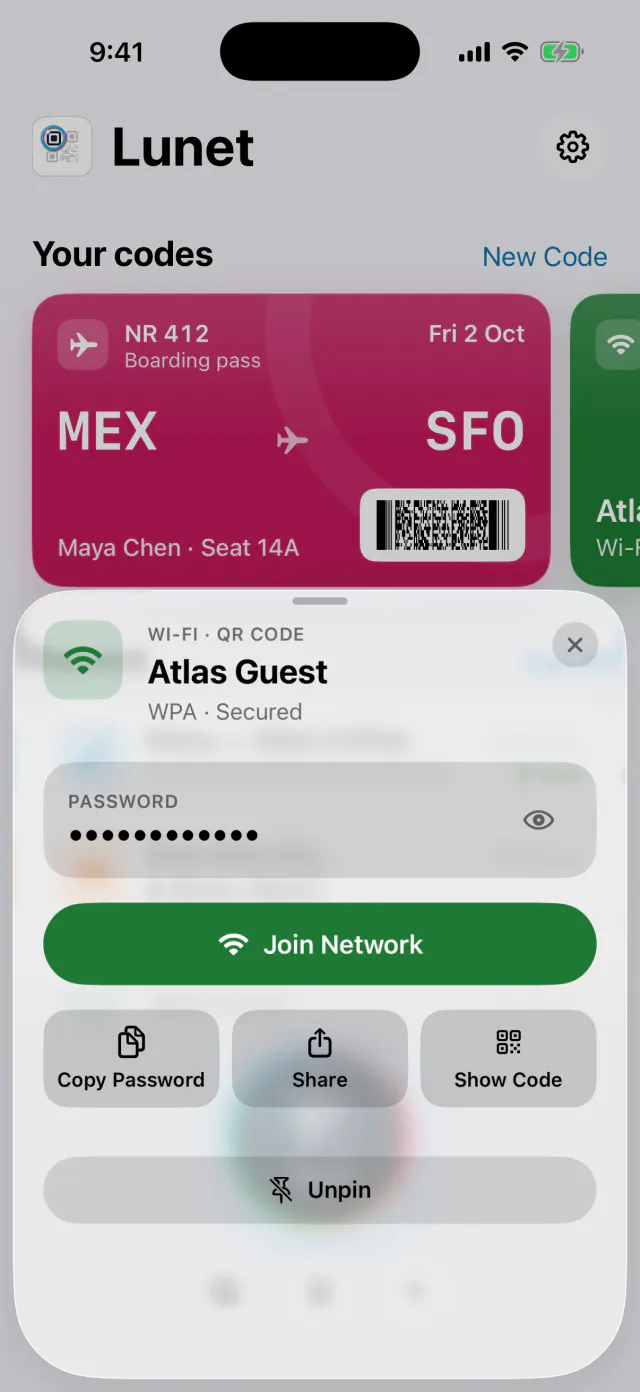Lunet result for a Wi-Fi code with a Join Network button
