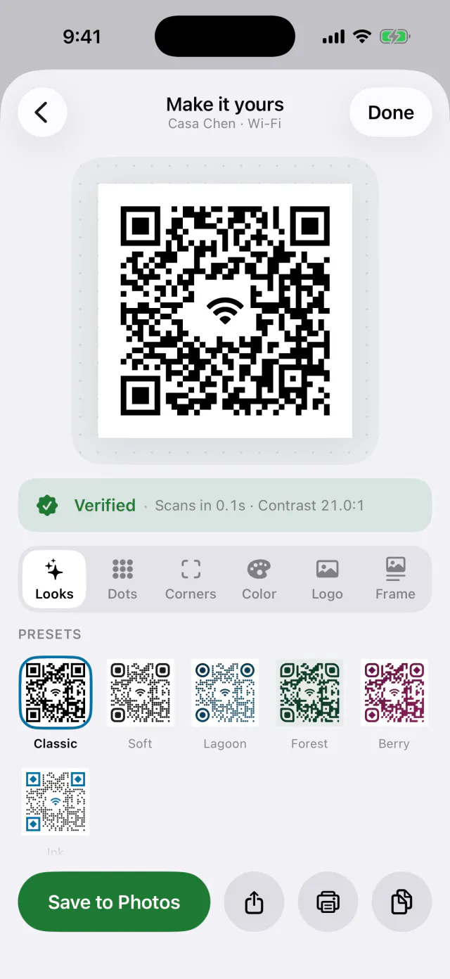 The Lunet Studio styling a Wi-Fi QR code, verified to scan